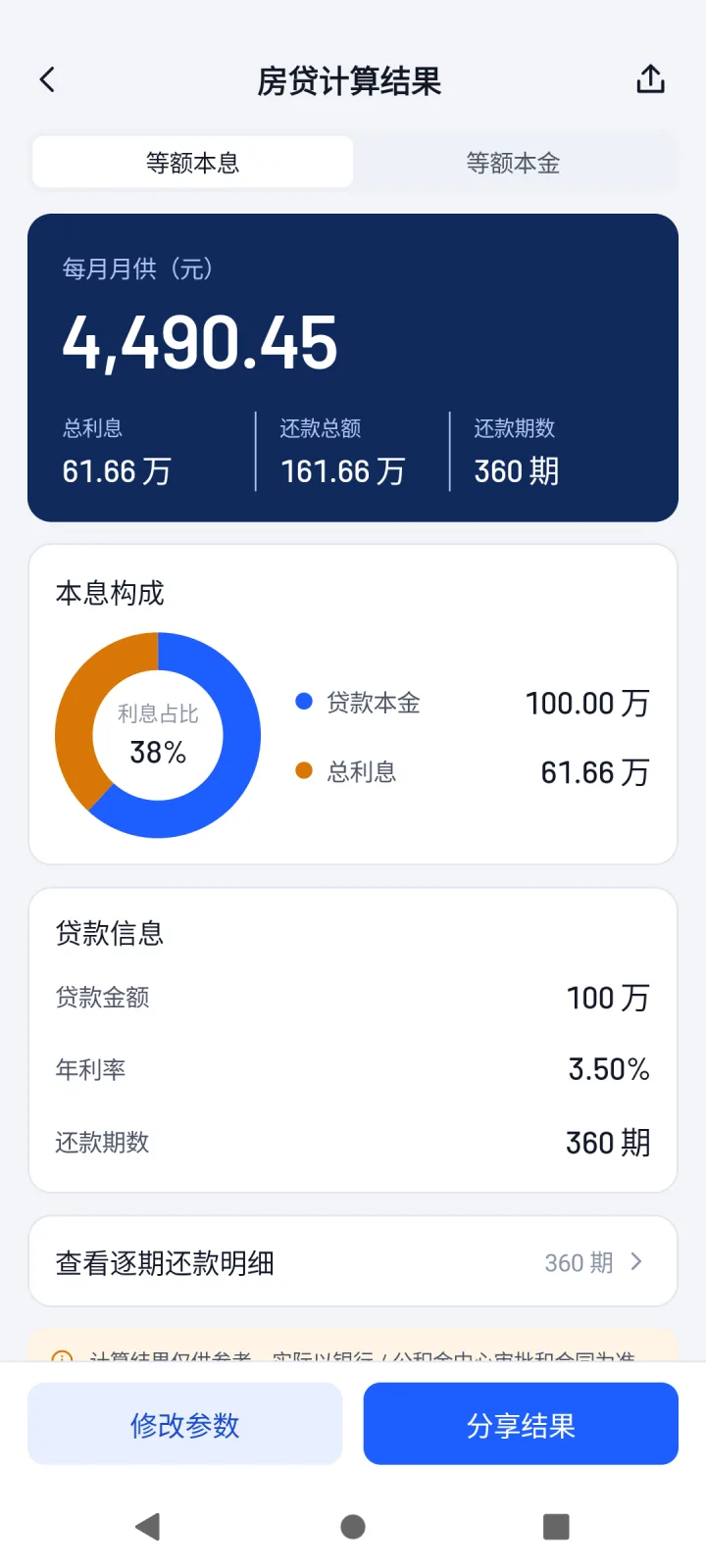 房贷计算结果:每月月供与本息构成